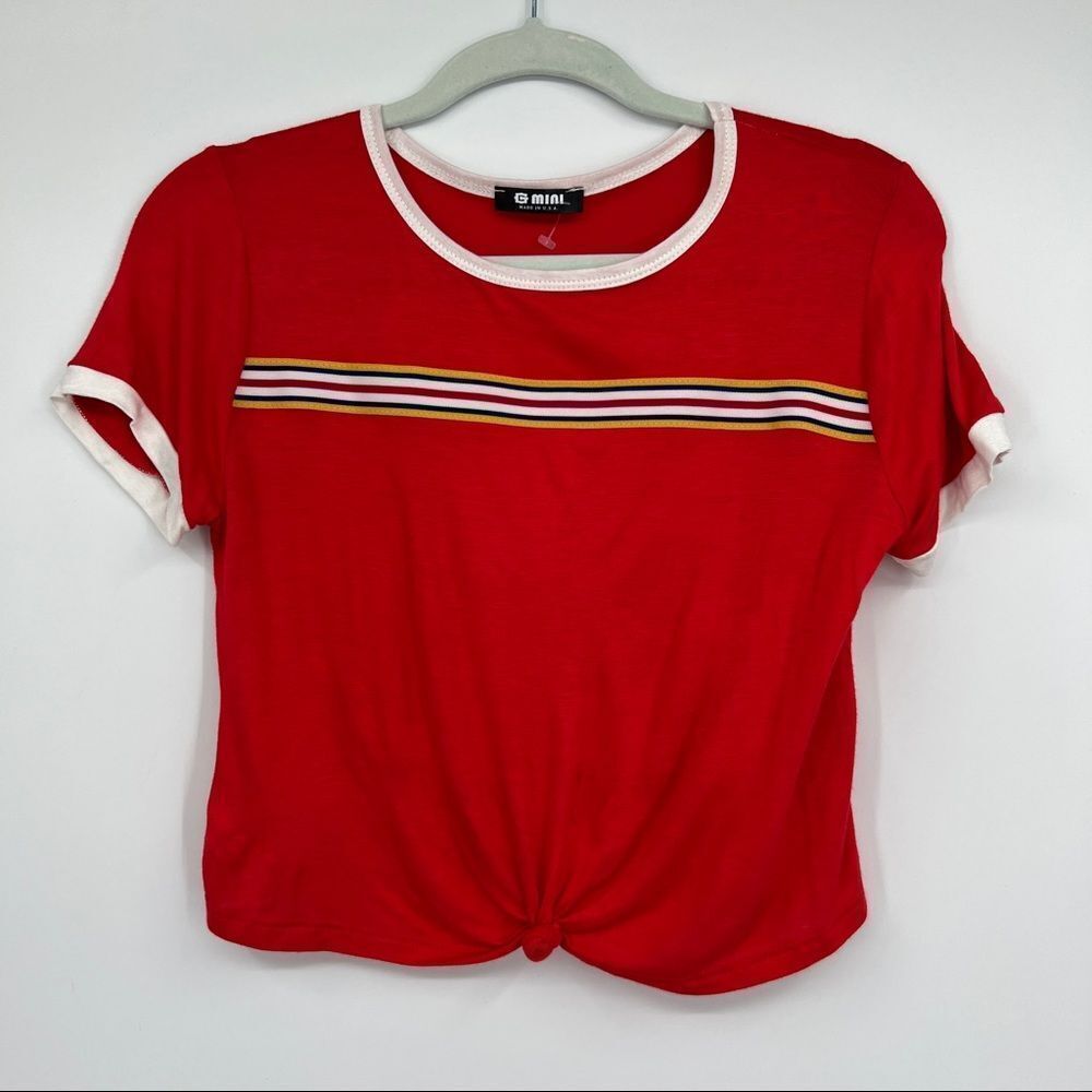 NEW G Mini Red White Striped Tie Knot Short Sleeves Crewneck Cropped T-Shirt